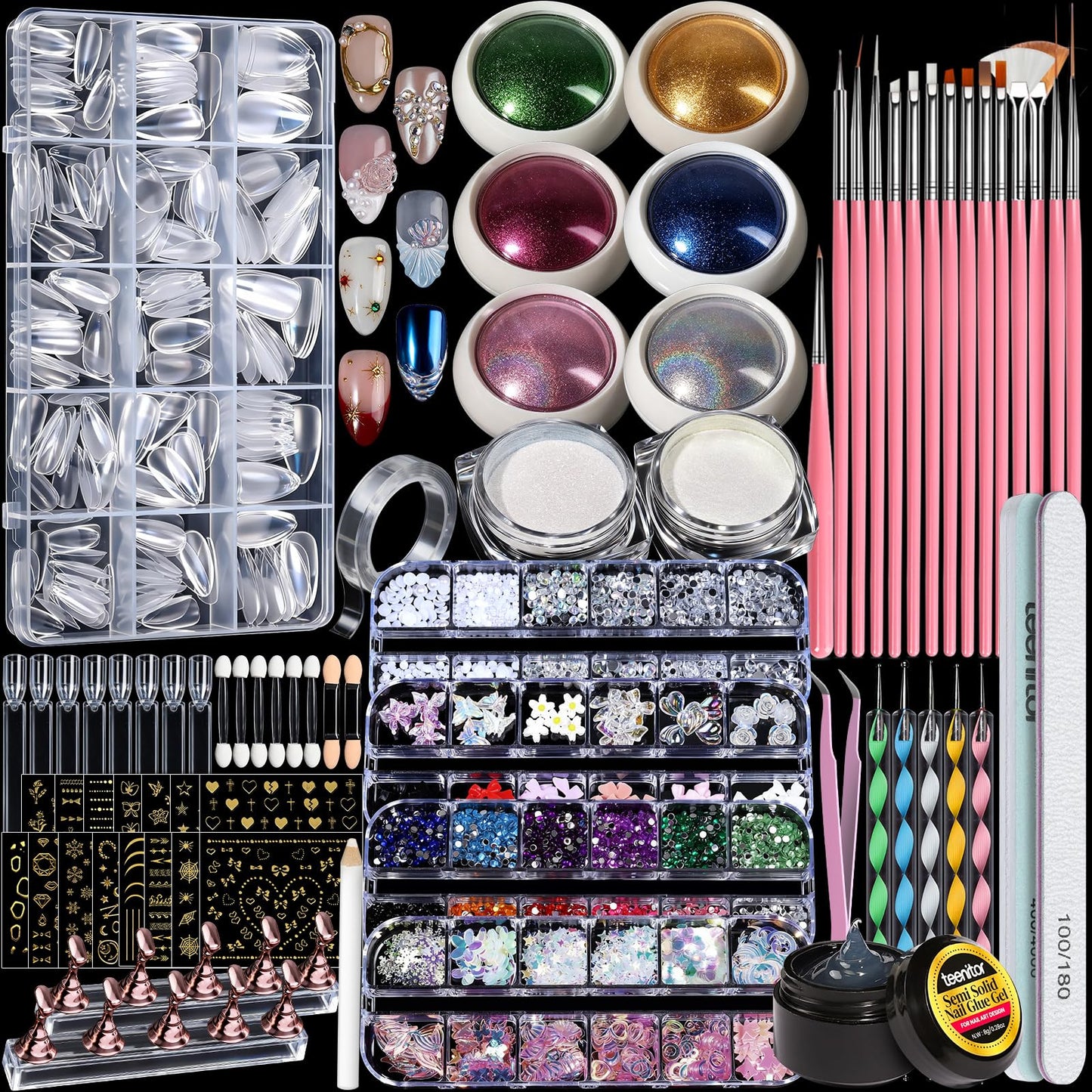Teenitor Acrylic Nail Kit With Chrome Powder, Almond Tips, Art Brushes, Charms, 3D Gel, Tools, Stand - Beginner Set