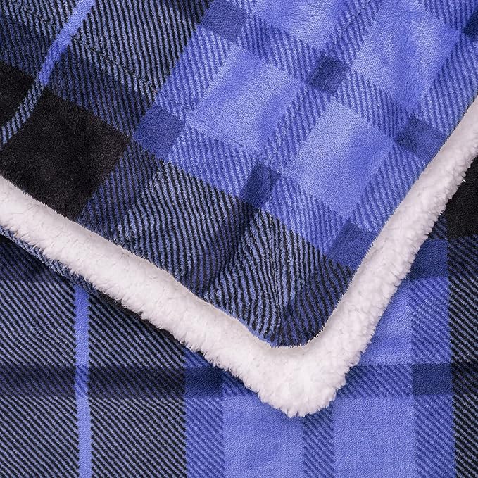 SOCHOW Sherpa Plaid Fleece Throw Blanket, Double-Sided Super Soft Luxurious Bedding Blanket 90 x 108 inches, Blue