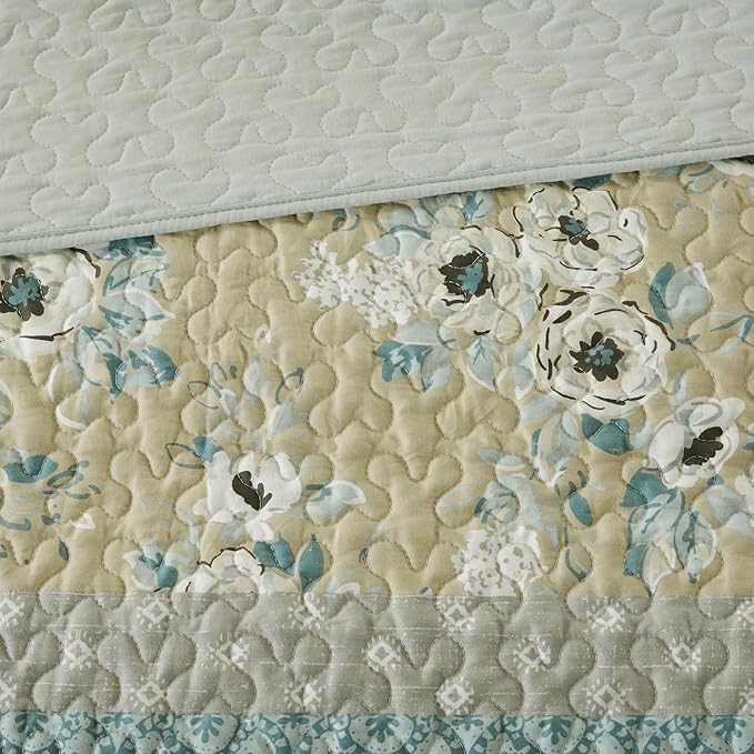 Madison Park 100% Cotton Quilt Set Floral Print, Double Sided Stitching, All Season, Lightweight Coverlet Shabby Chic Bedding Layer, Matching Shams, Full/Queen(90"x90"), Green Yellow 6 Piece
