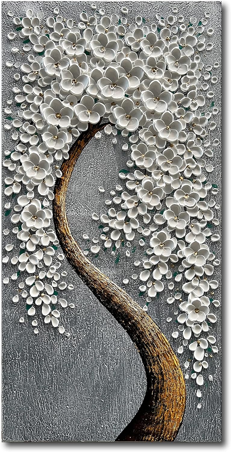 100% Hand-Painted 3D White Vertical Abstract Flower Tree Painting, Canvas Texture Mural, Living Room, Bedroom, Dining Room Mural 24x48 inchs