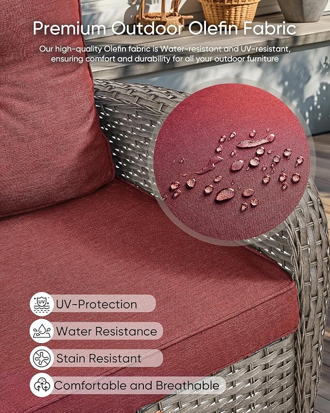 HUMMUH Outdoor Patio Couch-Outdoor Rattan Couch with Thick Cushions Outdoor Sofa for Deck Lawn Porch Balcony Poolside-Grey/Red