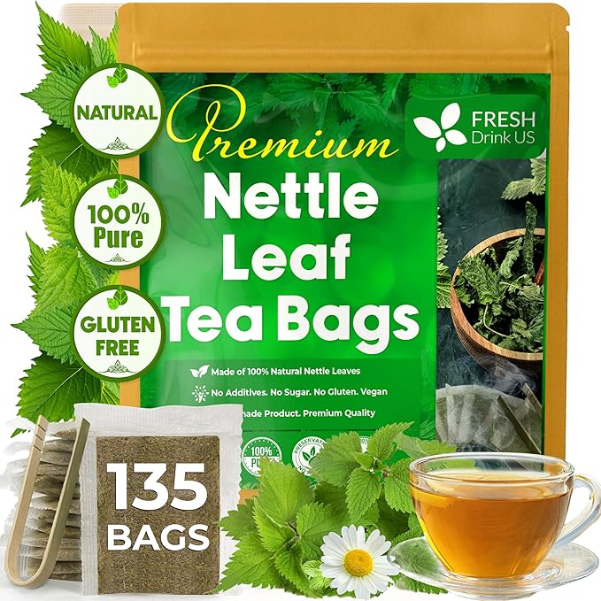 FreshDrinkUS, Premium 135 Nettle Leaf Tea Bags, 100% Natural & Pure, Stinging Nettle Leaf Tea, Burn Nettle, Stinging Nettle, Stinger Tea, No Sugar/Caffeine/Gluten, Vegan