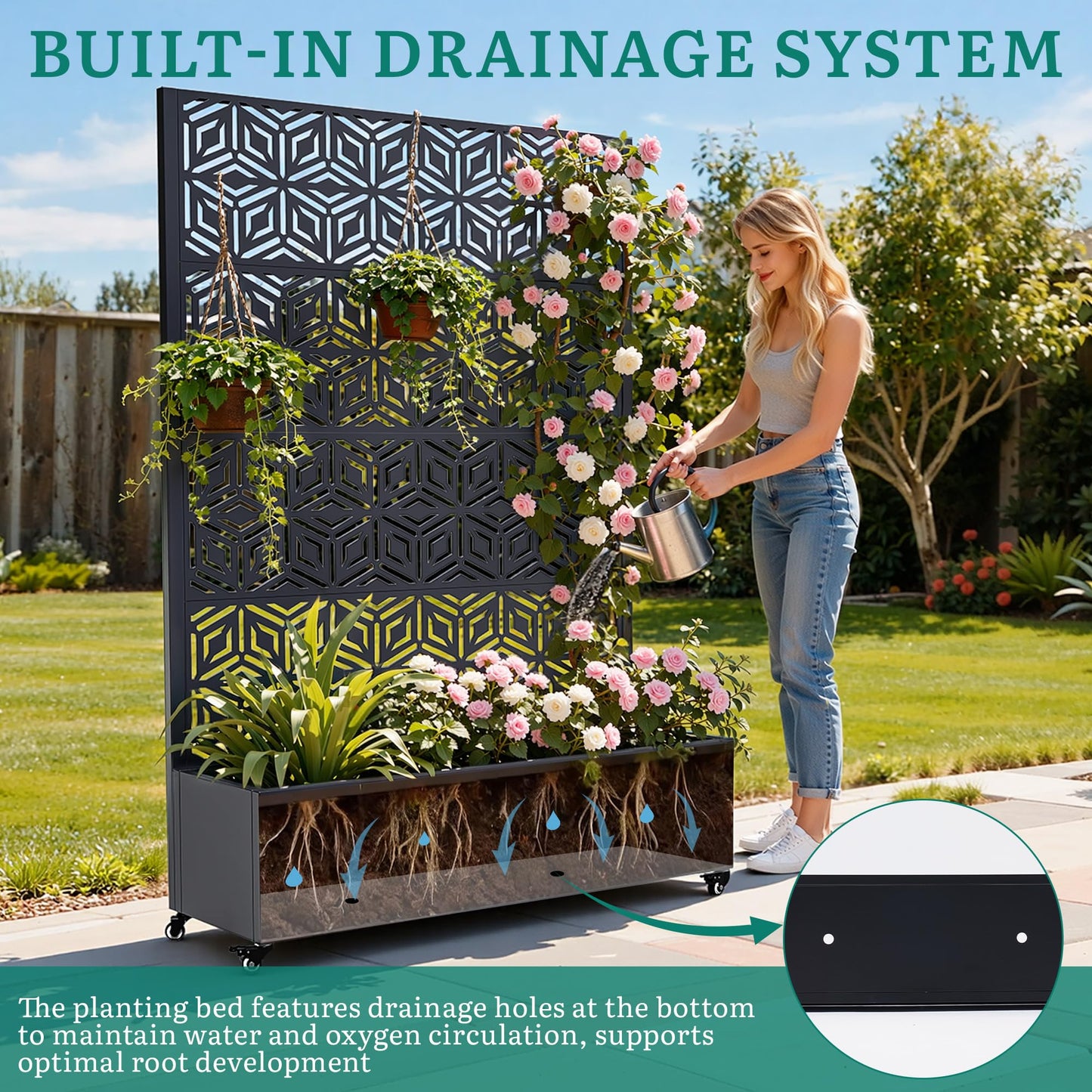Ultym Metal Planter Box with Trellis, Galvanized Steel Raised Garden Bed with Privacy Screen, Lockable Casters, 73"x47"x16" Planter with Drainage Holes for Outdoor Climbing Plants, Vegetables, Patio