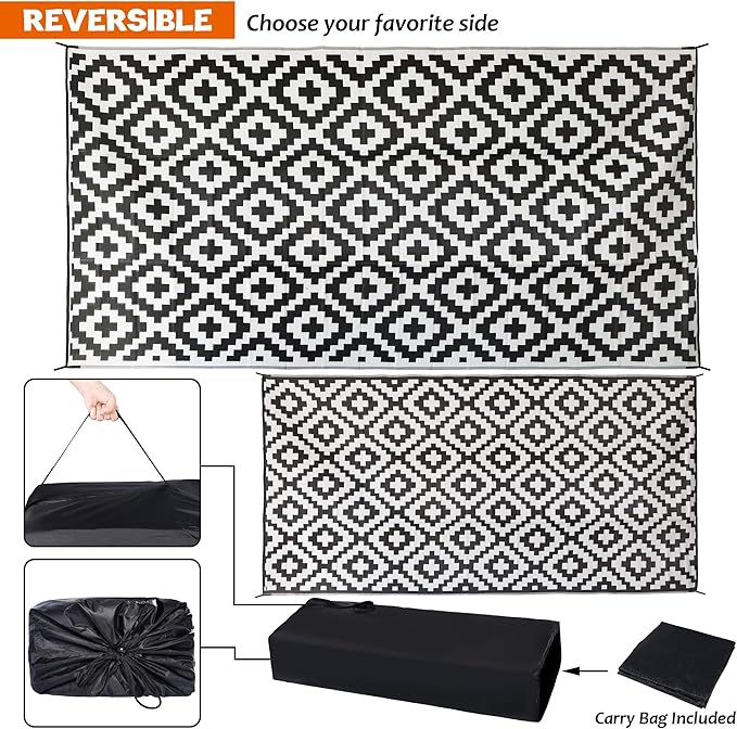 SAND MINE Waterproof Outdoor Rug 9x18 ft, Plastic Straw Rug, Modern Area Rug, Large Floor Mat, RV, Patio, Backyard, Deck, Picnic, Beach, Trailer, Camping (9' x 18', Black & White Lattice)
