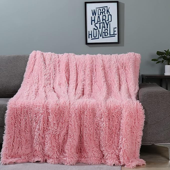 Tuddrom Decorative Extra Soft Faux Fur Throw Blanket 50"x60",Solid Reversible Fuzzy Double Layers Long Hair Shaggy Blanket,Fluffy Cozy Plush Fleece Comfy Microfiber Blanket for Couch Sofa Bed,Pink