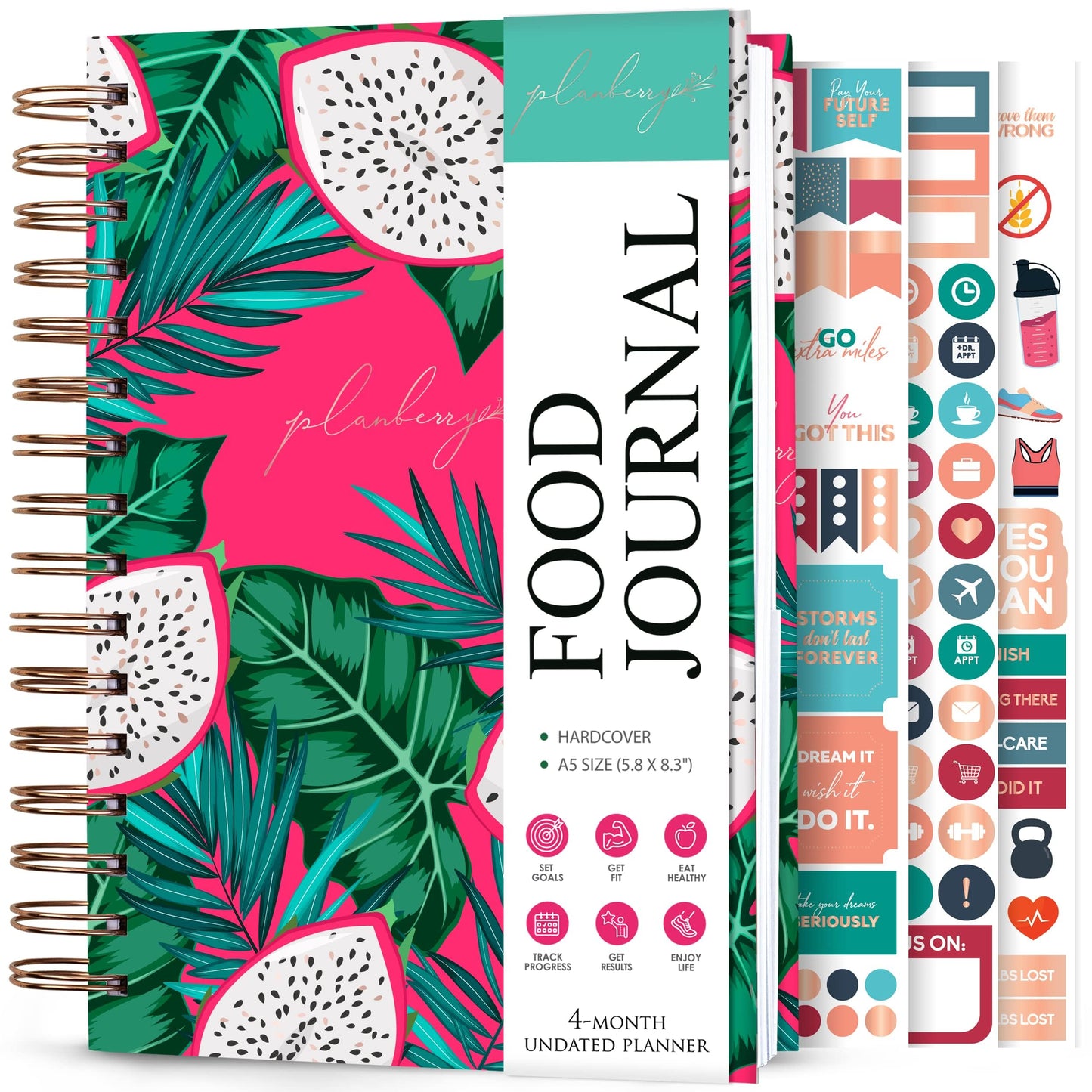 PLANBERRY Food Journal Premium – Nutrition Planner – Diet & Calorie Tracker – Meal & Exercise Diary – Weight Loss Journal (Dragon Fruit)