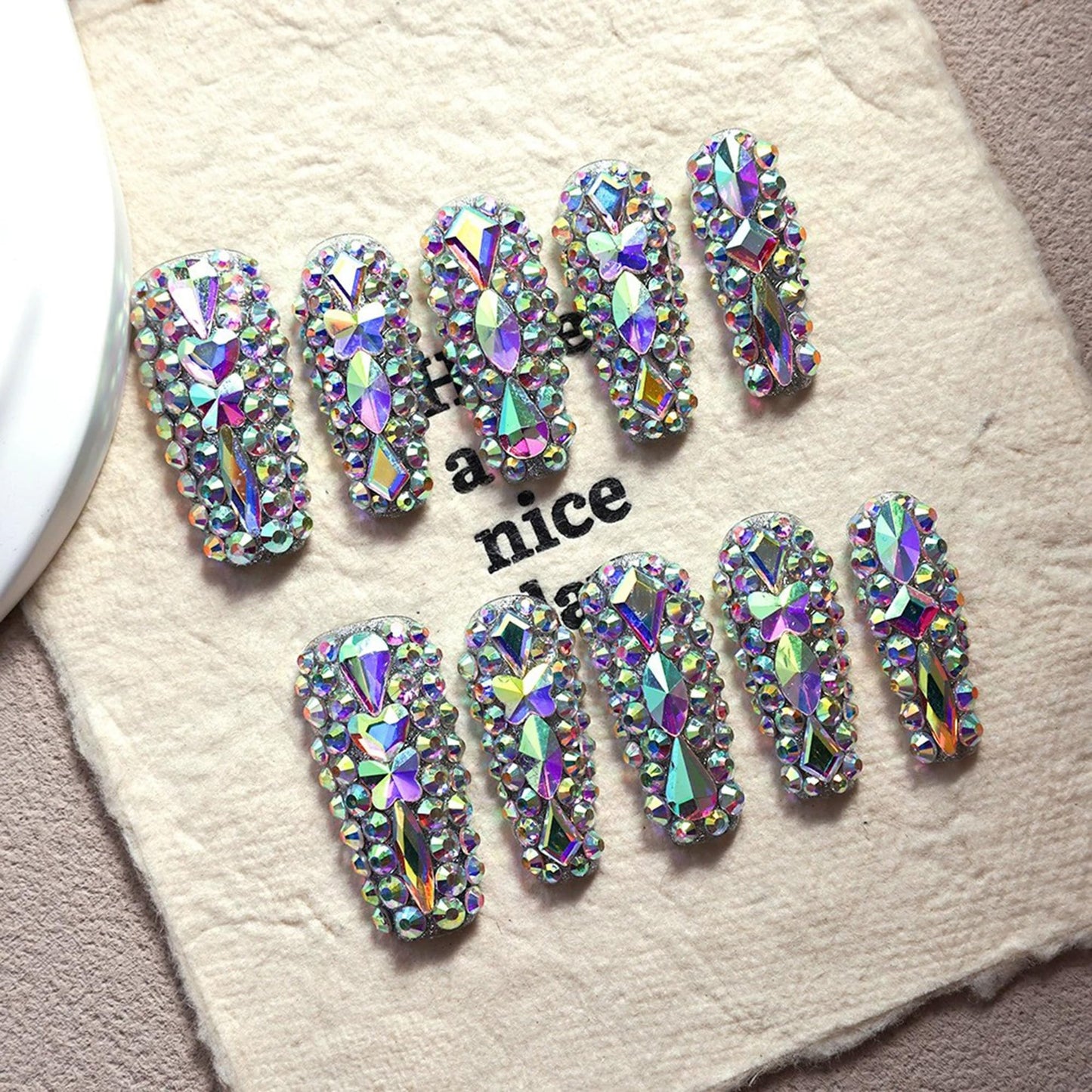 Luxury Handmade Press on Nails Long Coffin Fake Nails Rhinestone Crystal Full Cover False Nails with Glue with Designs Sparkly Long Acrylic Nail Reusable Stick on Nail for Women 10Pcs(Size M)