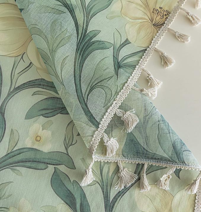 Green Floral Sheer Curtains 84 inch Long, Fringed Edges and Textured Semi Sheer Curtains Large Window Treatments for Living Room/Bedroom, 2 Panels