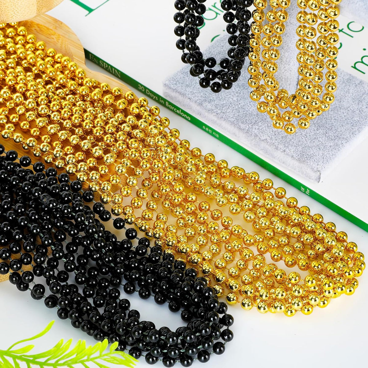 15PCS New Years Eve Bead Party Supplies, Black Gold Bead Necklace Decorations, 33" New Years Graduations Beads Necklaces Supplies, Festival Graduations New Years Party Supplies Accessories Bulk