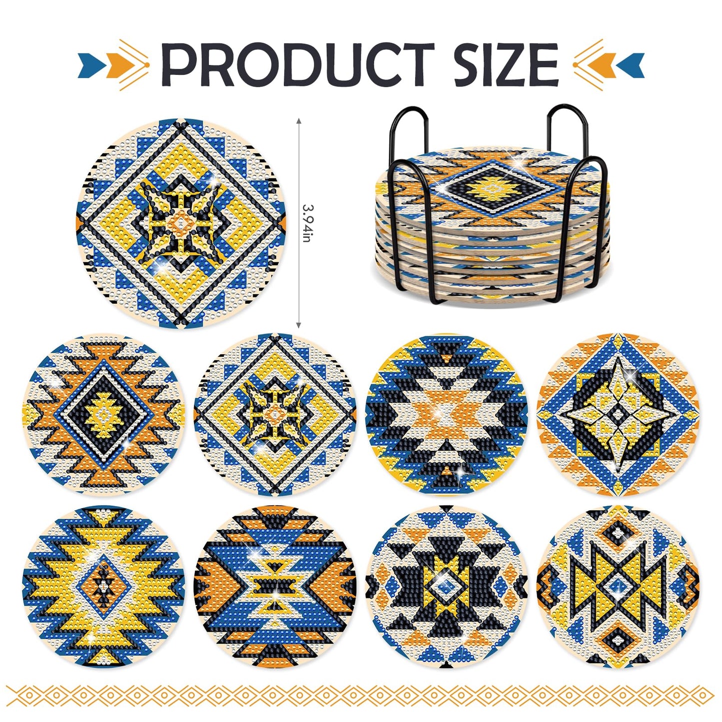 INCOK Aztec Diamond Art Coasters - 8 PCS DIY American Native Diamond Painting Coasters Kits for Drinks Coffee Abstract Boho Indian Art Craft Supplies Gift for Mexican Beginners
