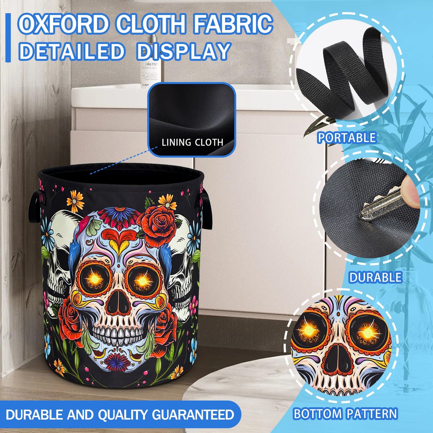Sugar Skull Laundry Basket Skeleton Print Oxford Cloth Laundry Hamper With Handle Foldable Portable Clothes Storage Basket 18.9 X 16.5 In Storage Bag For Laundry Room/Bathroom/Bedroom/Dormitories