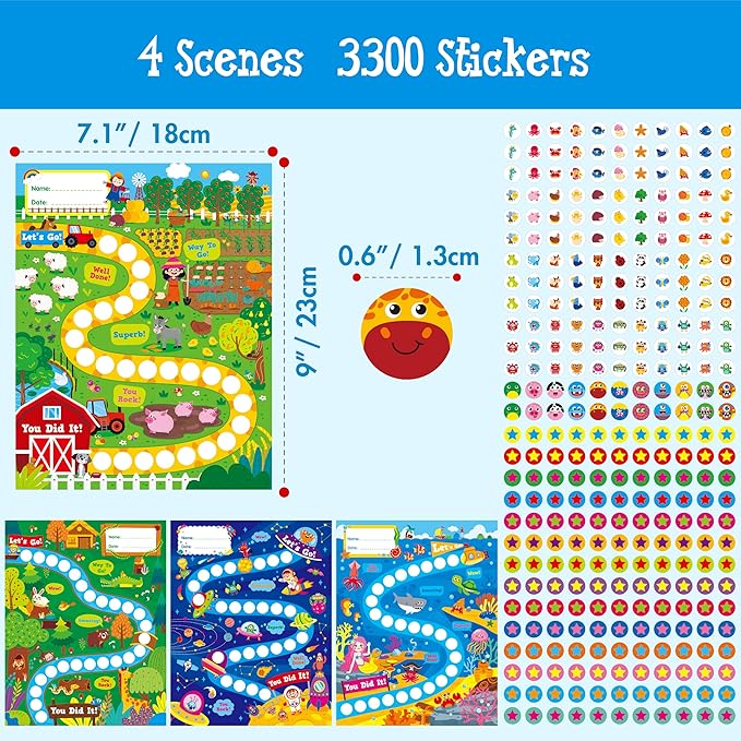 4 Incentive Charts with 3300 Reusable Stickers, Forest/Farm/Ocean/Space Themed Reward Chart for Classroom, Home, Kids Homework Assignments, Attendance, Good Behavior, Chores, Potty Training Progress