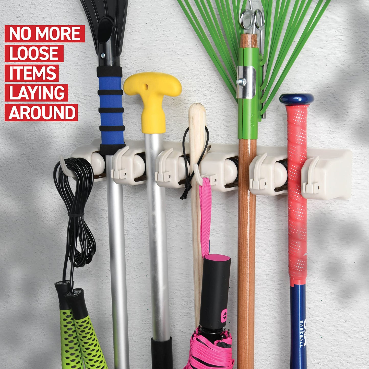 Home It Mop And Broom Holder Wall Mount - Garage Storage Systems with 5 Slots, 6 Hooks, 7.5lbs Capacity Per Slot - Garden Tool Organizer For Home, Kitchen, Closet, Garage, Laundry Room - Off-White
