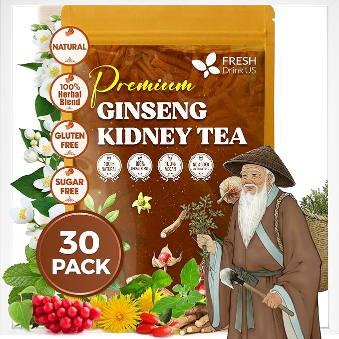 FreshDrinkUS, Ginseng 6 Treasures Kidney Tea, 30 Packs Of Super Kidney Cleanse Detox Tea For Men & Women, 100% Natural Roots & Berries | Caffeine-Free | Adaptogenic Blend for Energy, Wellness & Vitality Support