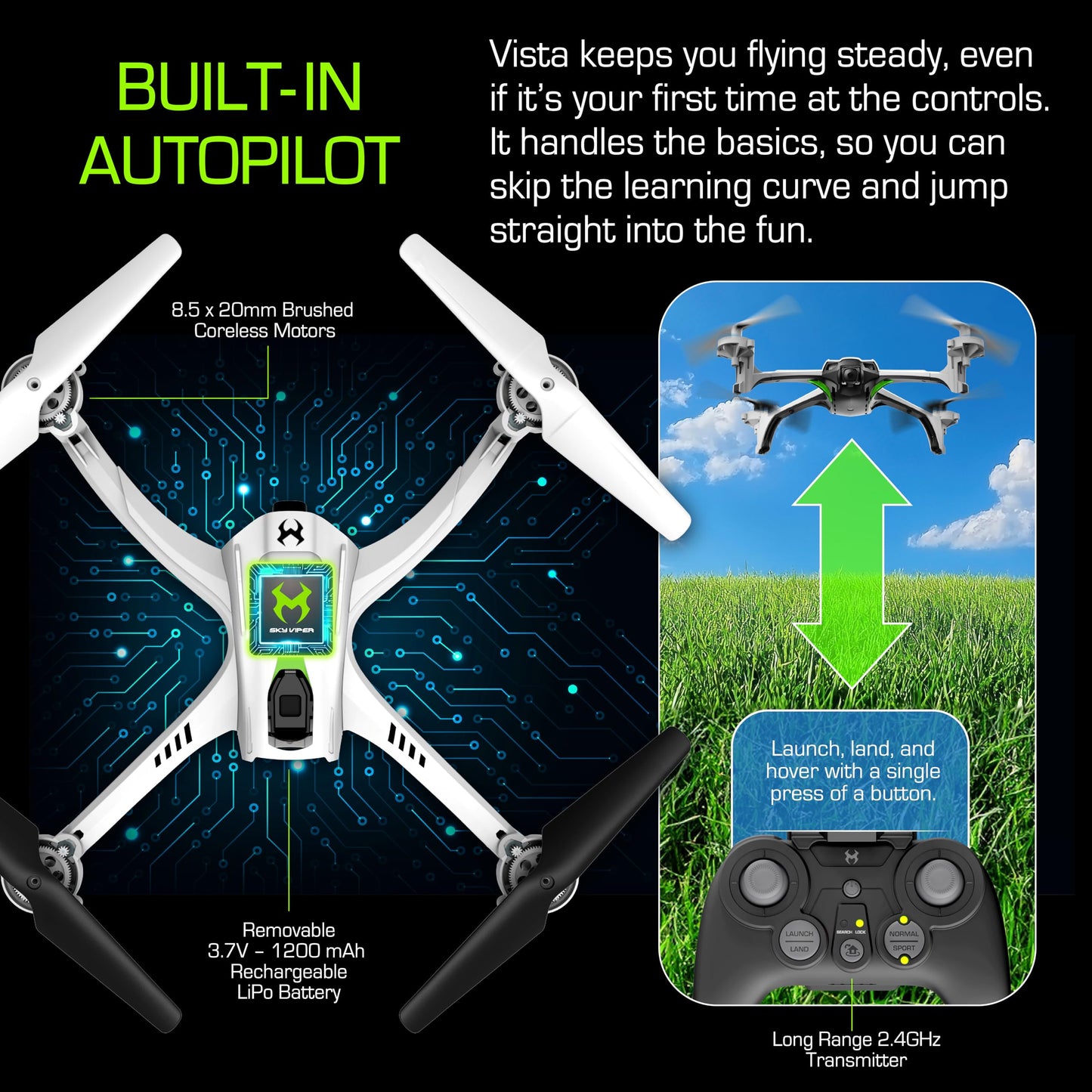Sky Viper Vista HD Video RC Drone, Stream and Record, Optical Flow, Rechargeable Battery