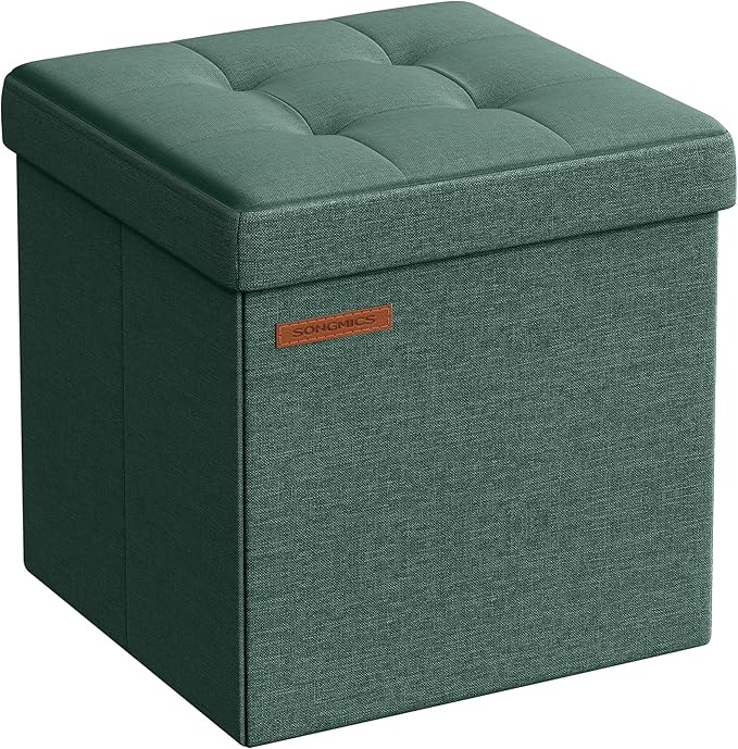 SONGMICS Foldable Small Ottoman Foot Rest, 11.8 Inches Foot Stool, Cube Ottoman with Storage, Load up to 286 lb, Retro Green ULSF028C01