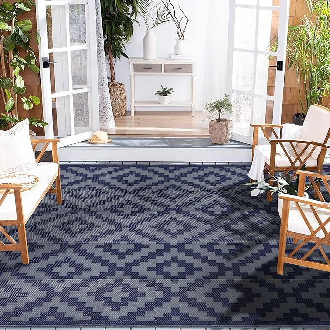 SAND MINE Reversible Mats, Plastic Straw Rug, Modern Area Rug, Large Floor Mat and Rug for Outdoors, RV, Patio, Backyard, Deck, Picnic, Beach, Trailer, Camping (6' x 9', Blue Grey Lattice)