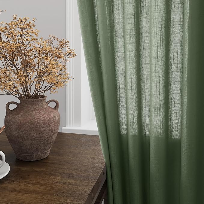 Nanspring Olive Green Linen Curtains for Living Room 2 Panels Set 144 Inch Length Back Tab Light Filtering Semi Sheer Curtain Drapes for Bedroom 52x144