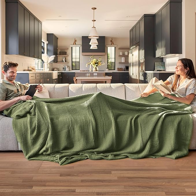 Bedsure 100% Cotton Blanket King Size for Bed - Breathable and Soft, Waffle Weave Blanket for Summer Spring, Olive Green, 104x90 inches