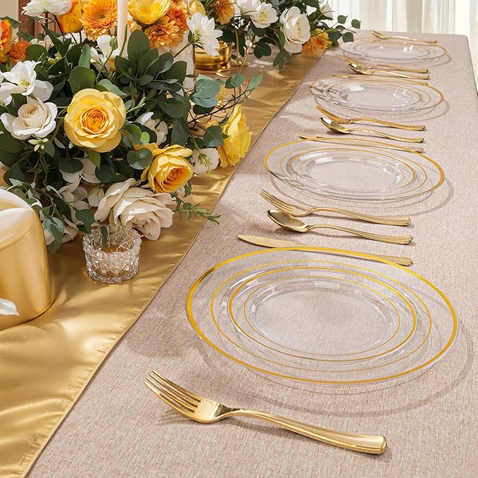 100PCS Clear Plastic Plates, 10 Inch Thanksgiving Plates Disposable Dinner Plate Party with Gold Rim, Heavy Duty Disposable Plastic Plate for Party, Wedding and Birthday