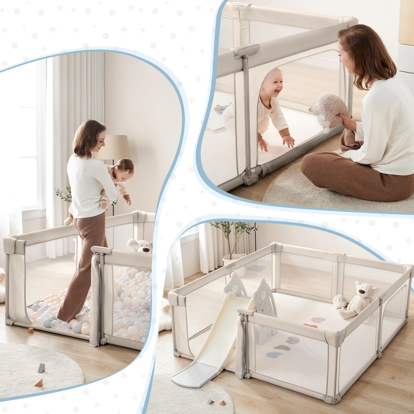 Sweeby Baby Playpen, 59x59 Inch Gate Foldable for Babies and Toddlers, Extra Large with Door Play Yard for Fence Indoor and Outdoor, Light Khaki