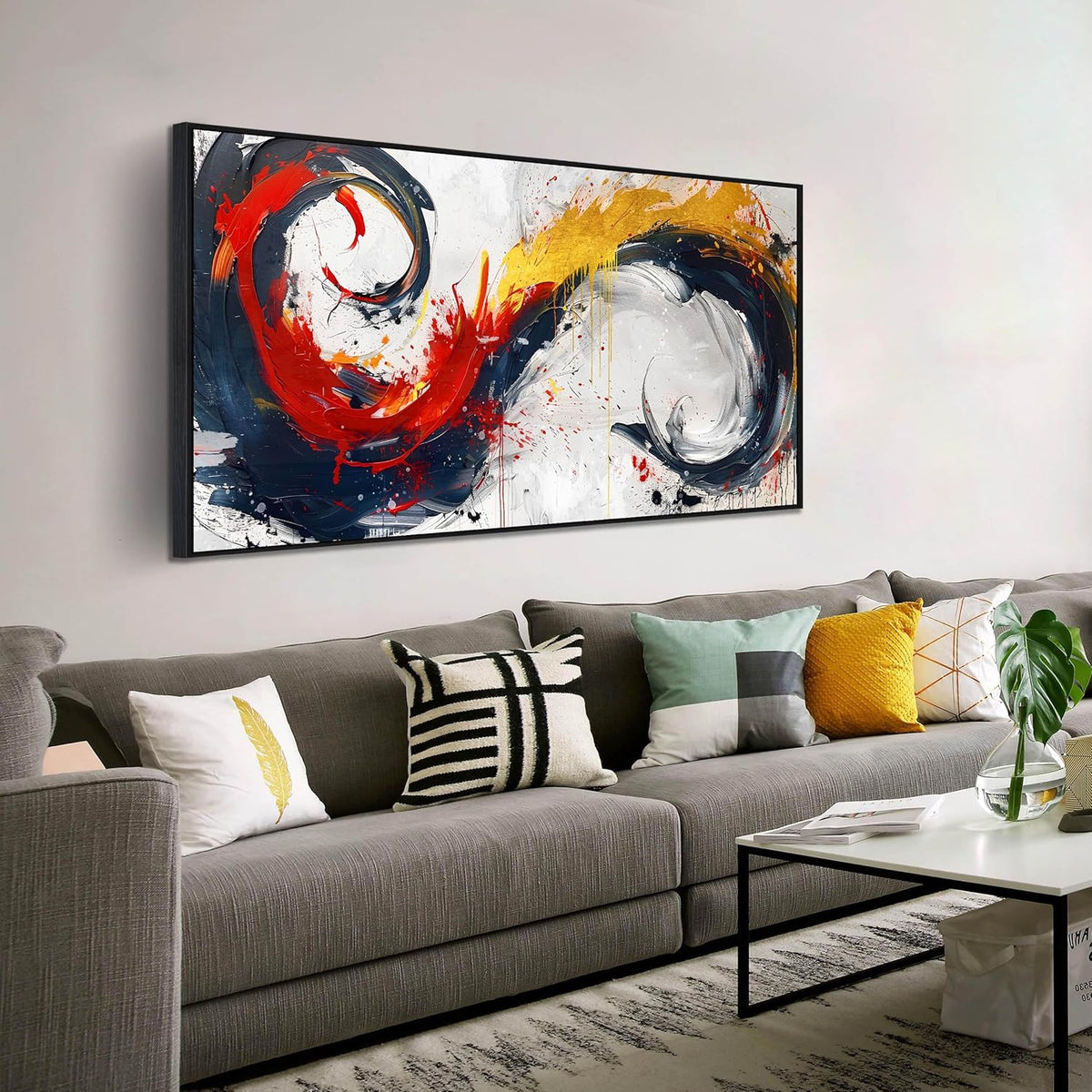 Abstract Art Work for Living Room Walls - Modern Prints Canvas Wall Art - Black Framed Wall Art for Bedroom Size 24" x 48"
