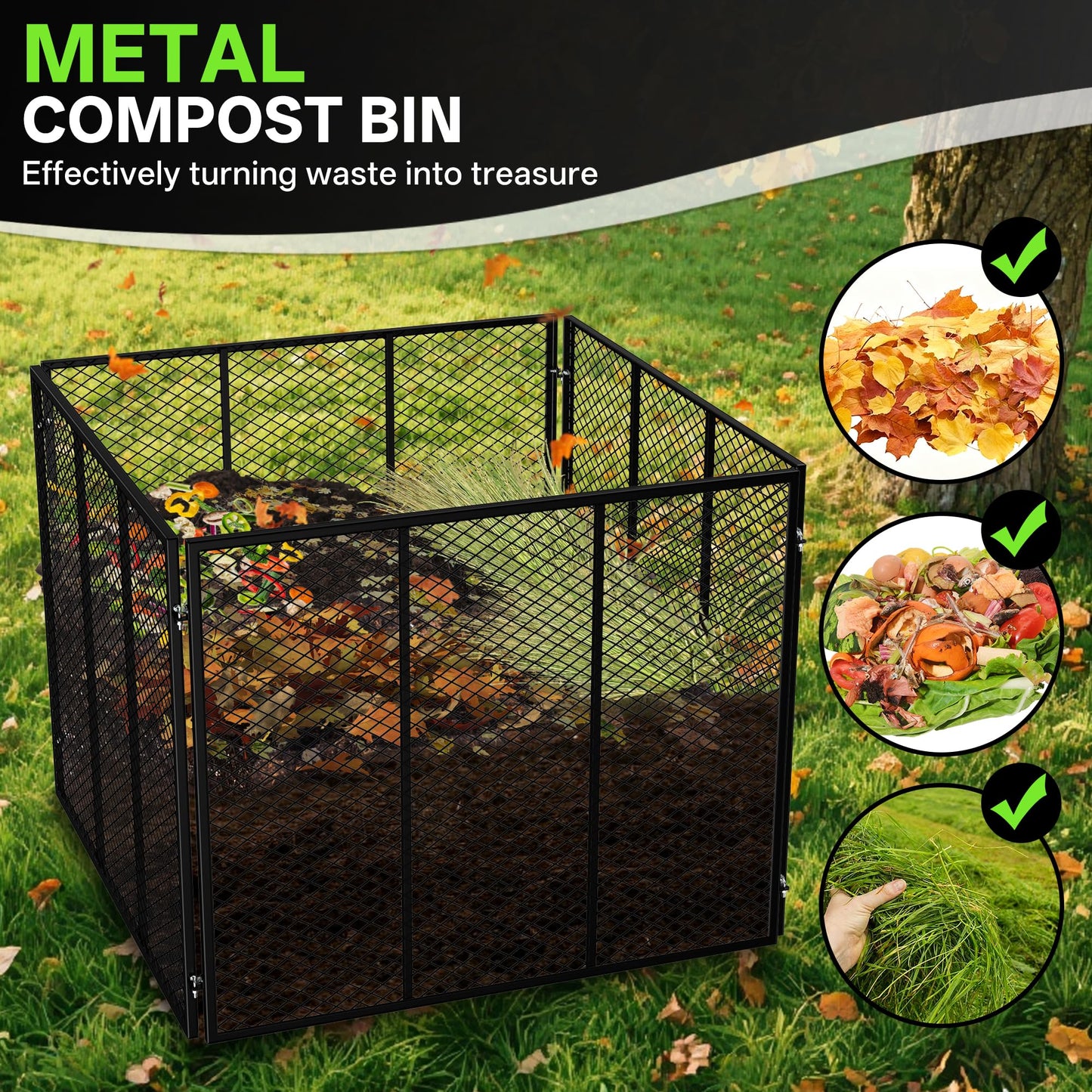 Large Compost Bin, 172 Gallon Metal Wire Mesh Composter for Outdoor, Waterproof Composting Bin with Rust-Proof Coating, Easy Assembly Compost Bin for Garden, Yard, Kitchen Waste, Leaves, 37x37x30 in
