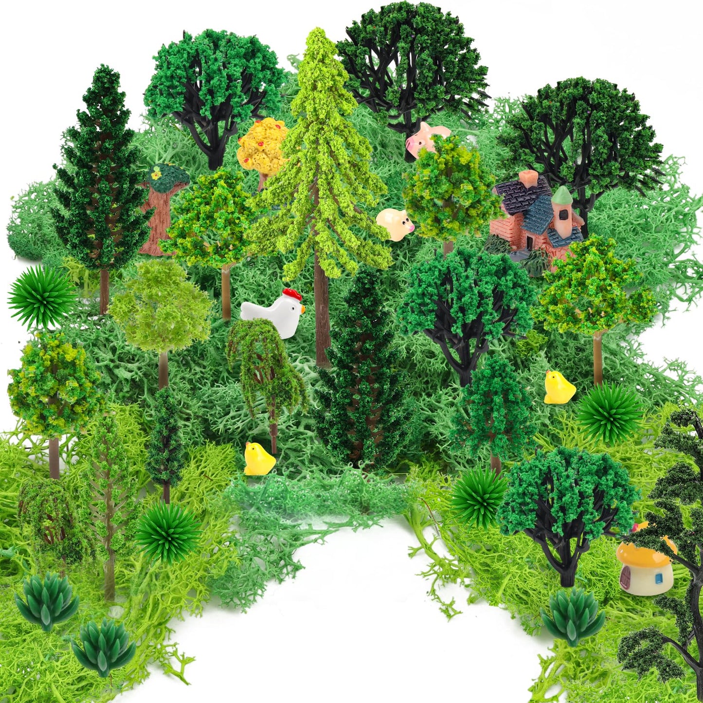 QUOZUO 36 Pcs Green Mixed Model Trees with 40g Moss, Diorama Trees Grass Mini Fake Miniature Trees Moss for Building Model, Model Train Scenery, Natural Green Landscape, Railroad Scenery