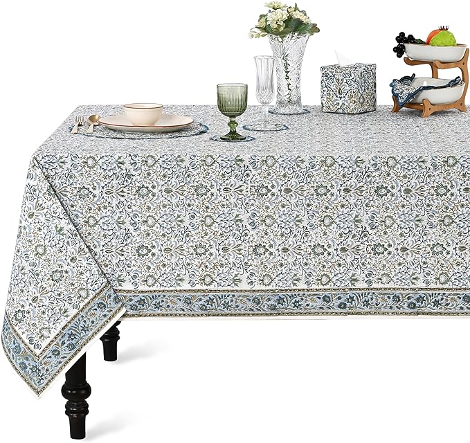Ridhi Hand Block Print Indigo Rectangle Cotton Tablecloth 108" x 60" Reusable Table Cover Decorative Everyday Use for Dining, Farmhouse, Home Gift for Spring, Easter, Valentine