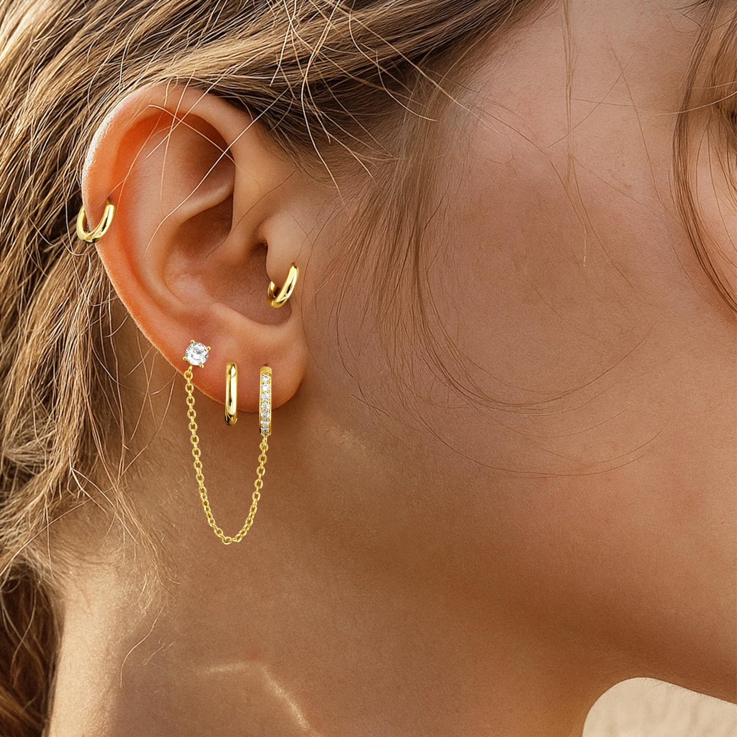Gold Chain Hoop Stud Earrings for Women, Huggie Small Stack Cartilage Chain Hoop Stud Earring Sets for Multiple Double Piercing, Conch Helix Rook Tragus Daith Piercing Clip On Jewelry Set Gifts for Women