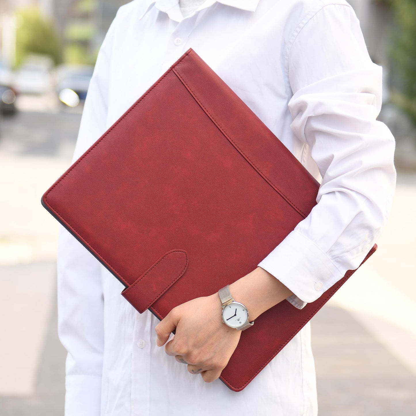 Wason Portfolio Padfolio A4 Leather PU Folder File Document Holder Case with Writing Pad Removable Clipboard Card Stationary Case Phone Tablet Stand for Organizer Office Travel School (Red Wine)