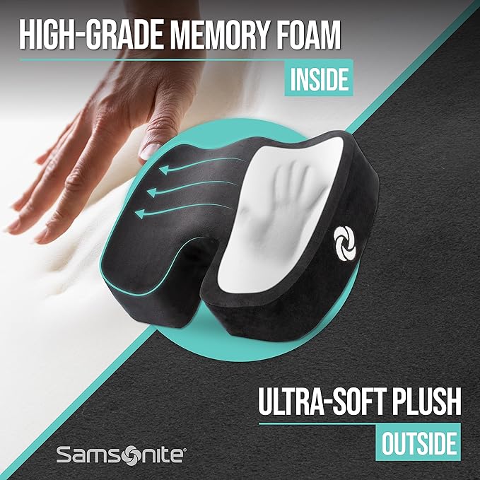 Samsonite Orthopedic Seat Cushion – Premium Memory Foam Ergonomic Seat Cushion for Office Chair, Car, Desk & Gaming – Pressure Relief for Sciatica, Tailbone, Hip & Back Pain with Non-Slip Cover