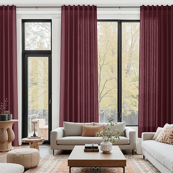 Nanspring Burgundy Linen 144 Inch Curtains for Living Room Light Filtering Semi Sheer Curtain Back Tab Vintage Boho Decor Elegant Drapes Floor to Ceiling High Window for Bedroom 52x144, 2 Panels