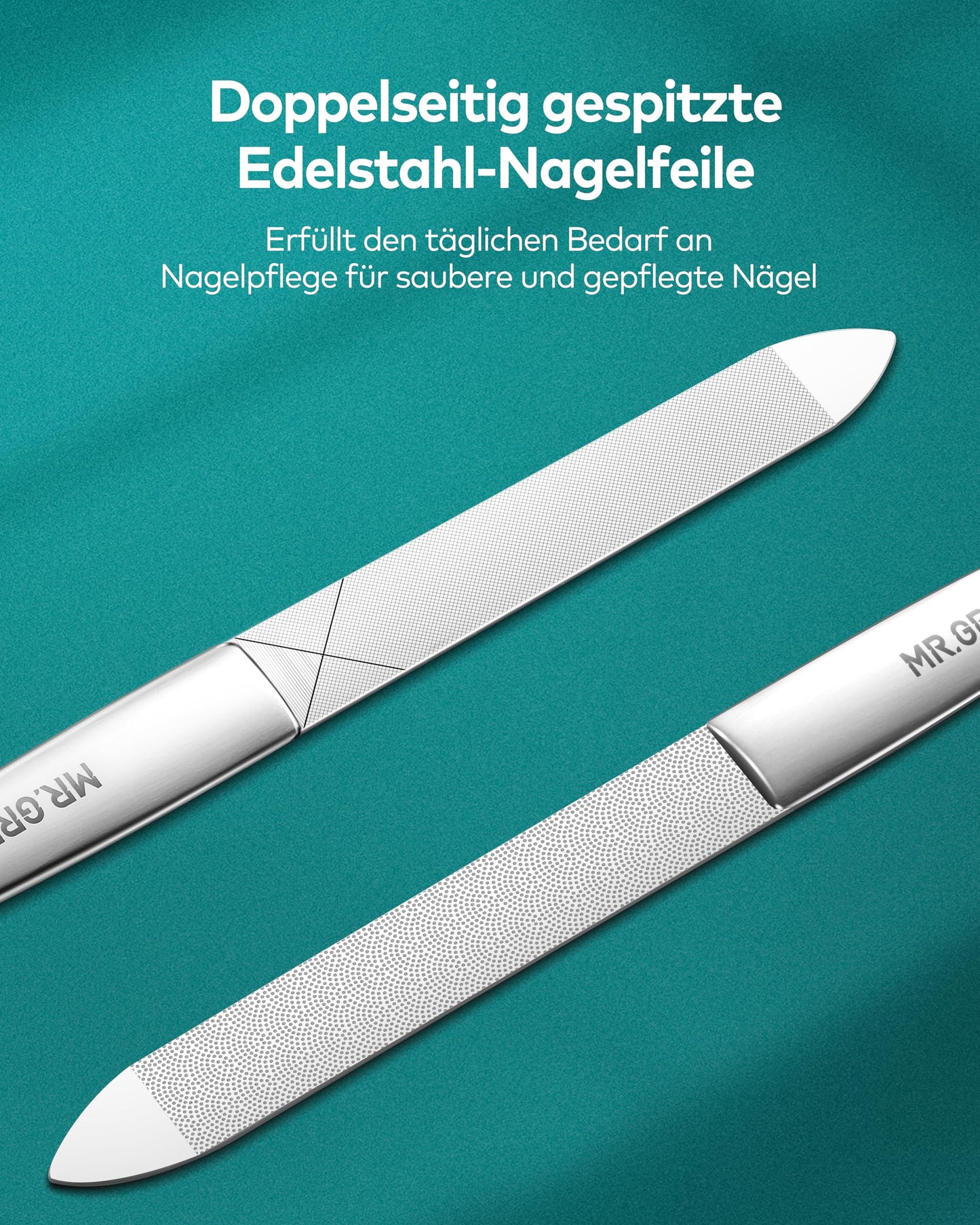 MR.GREEN Professional Double Sided Stainless Steel Nail File with Non-Slip Handle and Leather Case, Pointed Nail Buffering Files Washable