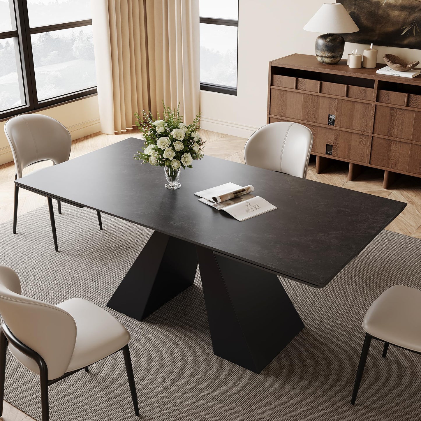 VAFON 63"-95" Extendable Dining Table for 4-10 Person, Space-Saving Extra Long Folding Dining Room Table, Dark Gray Kitchen Table with Sintered Stone Tabletop, No Wobble Base