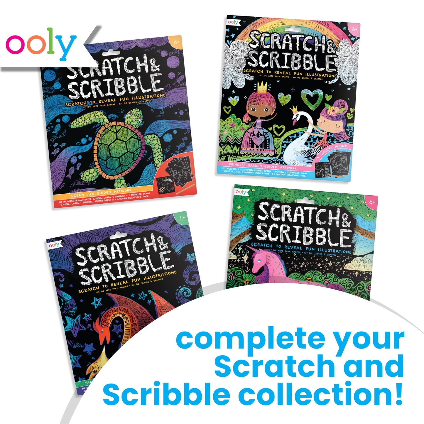 Ooly Scratch & Scribble 10pc Art Kit with 8 Total Scratch Cards (4 Illustrated, 2 Blank, 2 Rainbow) with Scratching Tool and Sparkled Stickers, Art Set Gifts for Kids - Ocean Life