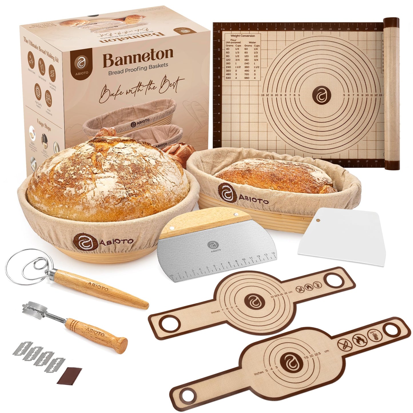 Sourdough Kit with Professional Bread Making Tools - A Complete Sourdough Bread Kit Including 10" Round & 11" Oval Bannetons, Bread Lame, Whisk, Bowl & Dough Scrapers, Slings, and Mat (17-Piece Kit)