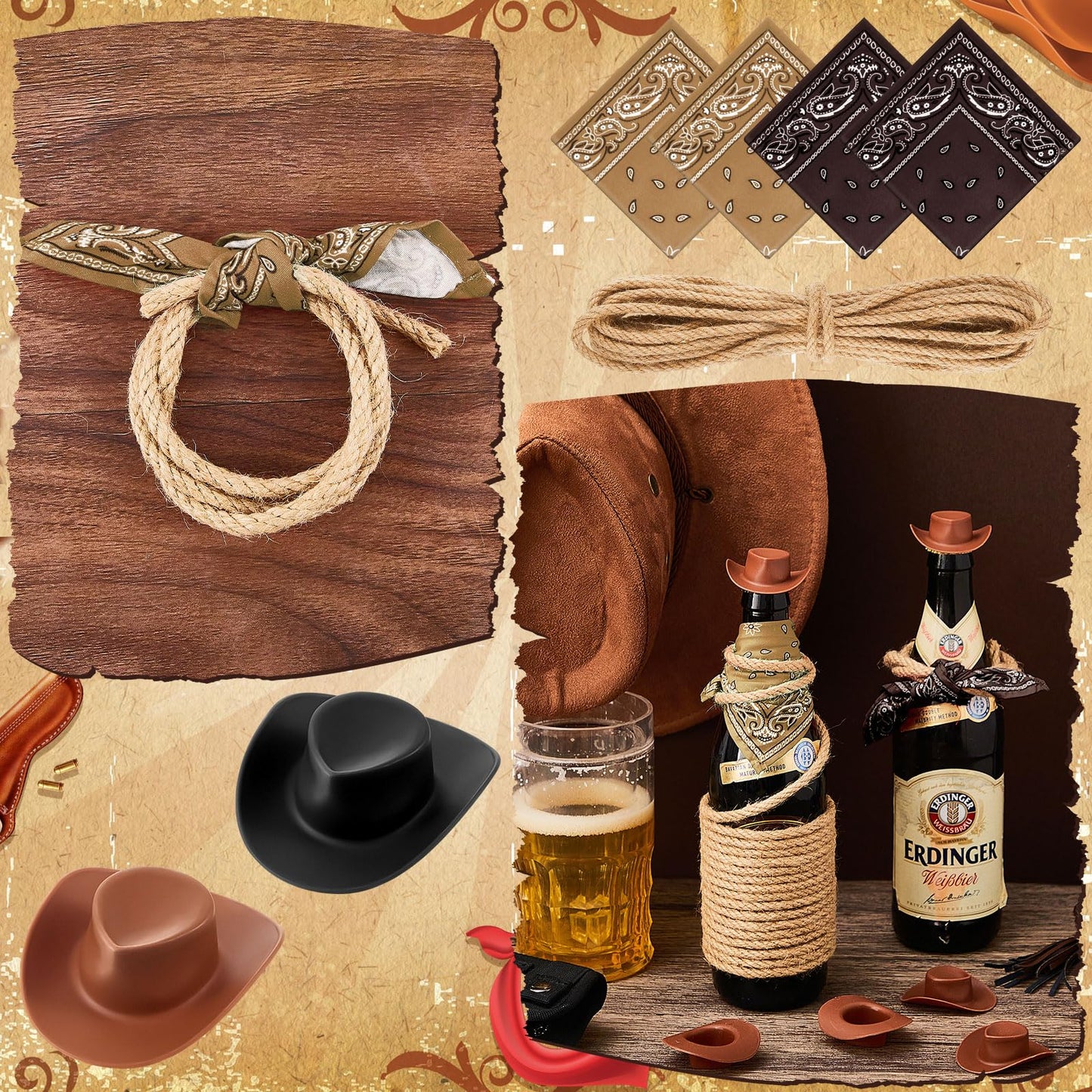 Leitee 20 Sets Mini Cowboy Hats for Crafts Plastic Tiny Cowgirl Hat with Bandanas for Western Cowboy Party Decoration(Brown, Black)