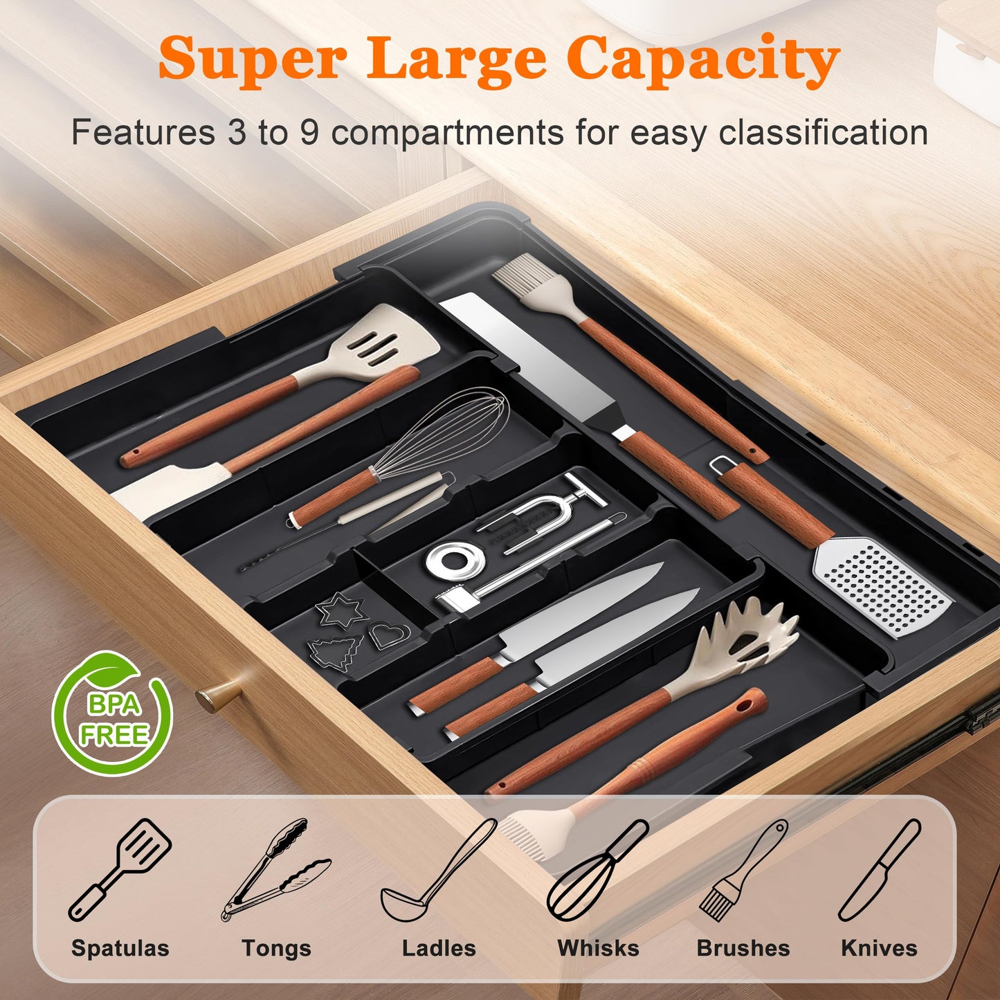 Spaclear Large Utensil Drawer Organizer Expandable Silverware Organizer for Kitchen Drawer Adjustable Cooking Utensil Holder Cutlery Flatware Tray Spatula Tools Gadgets Storage Dividers Plastic Black