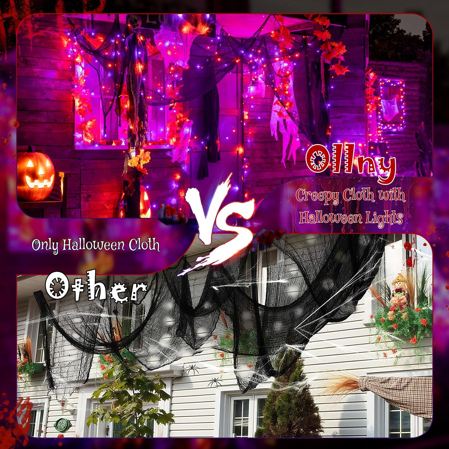 Ollny Halloween Lights 100LED 33FT, Orange and Purple String Lights with Creepy Cloth(197 x 63 in), Battery Operated Fairy Lights with 8 Lighting Modes Timer for Outdoor Party Yard Decor