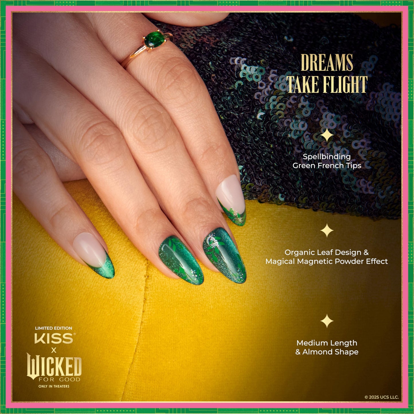KISS X WICKED: FOR GOOD Press On Nails Almond, ‘Dreams Take Flight’, Green, Medium, Waterproof, Chip Proof, Smudge Proof, 28 Fake Nails, Pink Gel Nail Glue (2g), Mini Nail File, & Manicure Stick
