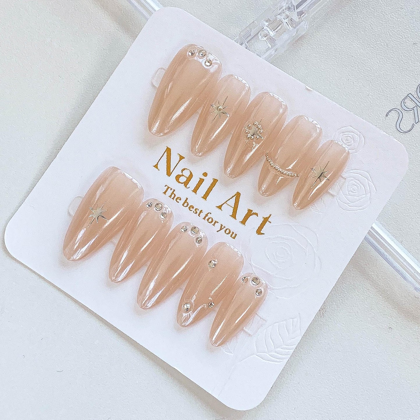GLORS Almond Press-On Nails, Nude with Crystal Rhinestones and Star Design, Handmade False Nail 10 Pieces (Small, Almond)