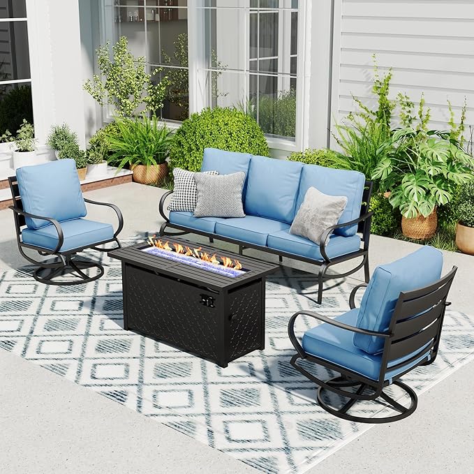 Sophia & William Patio Furniture Sets with 45" Gas Fire Pit Table Outdoor Metal Conversation Sets for 5, 2 x Swivel Cushioned Patio Sofa Chairs, 1 x 3-Seat Sofa 4 Pieces for Lawn Backyard Blue