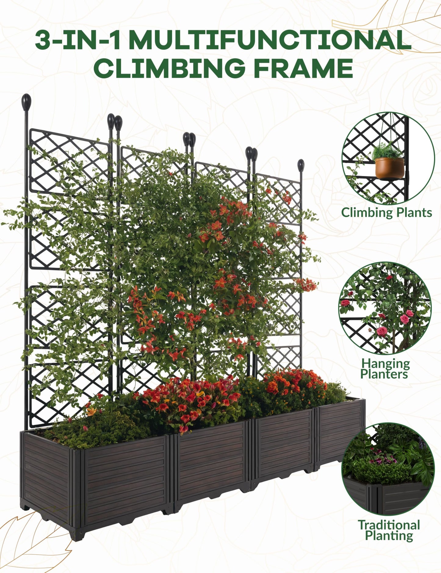 Garvee 4 PCS Plastic Plant with Metal Trellis, Raised Garden Bed with Trellis Planter for Climbing Plant Outdoor Raised Box Privacy Screen for Patio Balcony, Planter for Backyard Patio