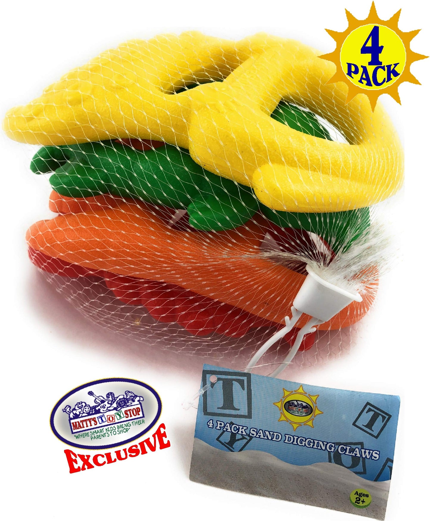 Matty's Toy Stop 7" Plastic Sand Digger Scoop Claws for Sand & Beach (Red, Yellow, Orange & Green) Complete Gift Set Bundle - 4 Pack