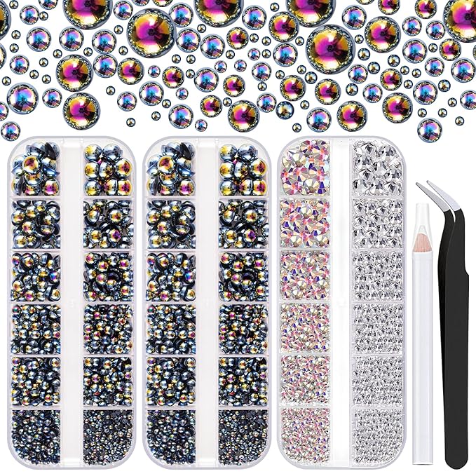 4000PCS Flatback Rhinestones and Half Round Pearls Kit #5, Multi Size Glass Clear & AB Crystals, Plastic Flat Back Black AB Dome Bead with Pickup Pencil and Tweezer for Nail Art