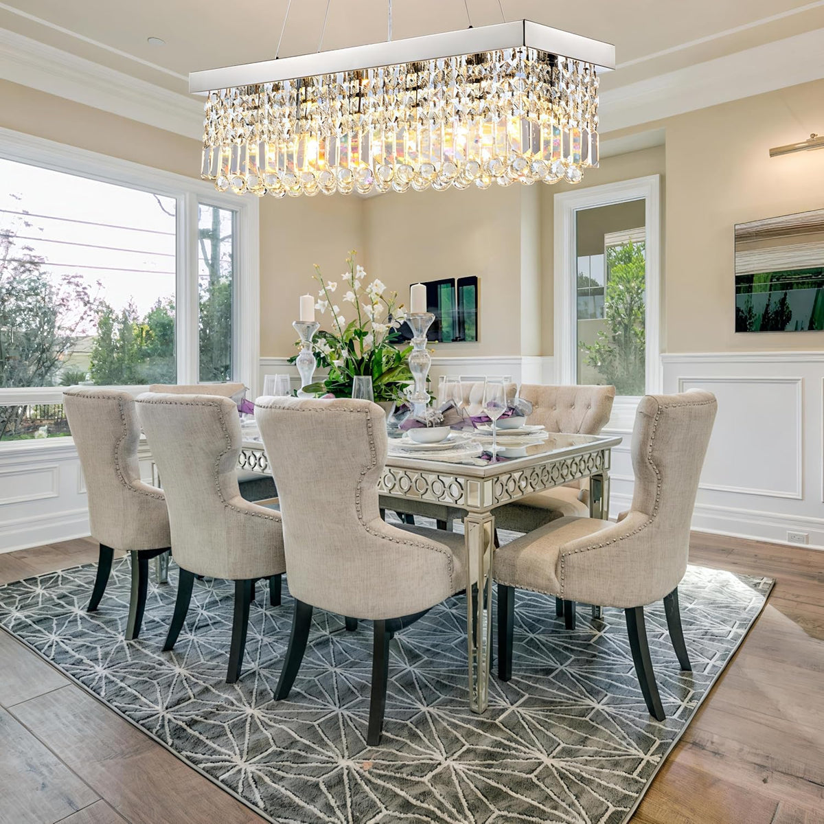 Modern Rectangular Crystal Chandeliers,8 Lights Rectangular Pendant Light Fixture,Adjustable Height K9 Crystal Chandelier for Dining Room L40''xW10''xH10''