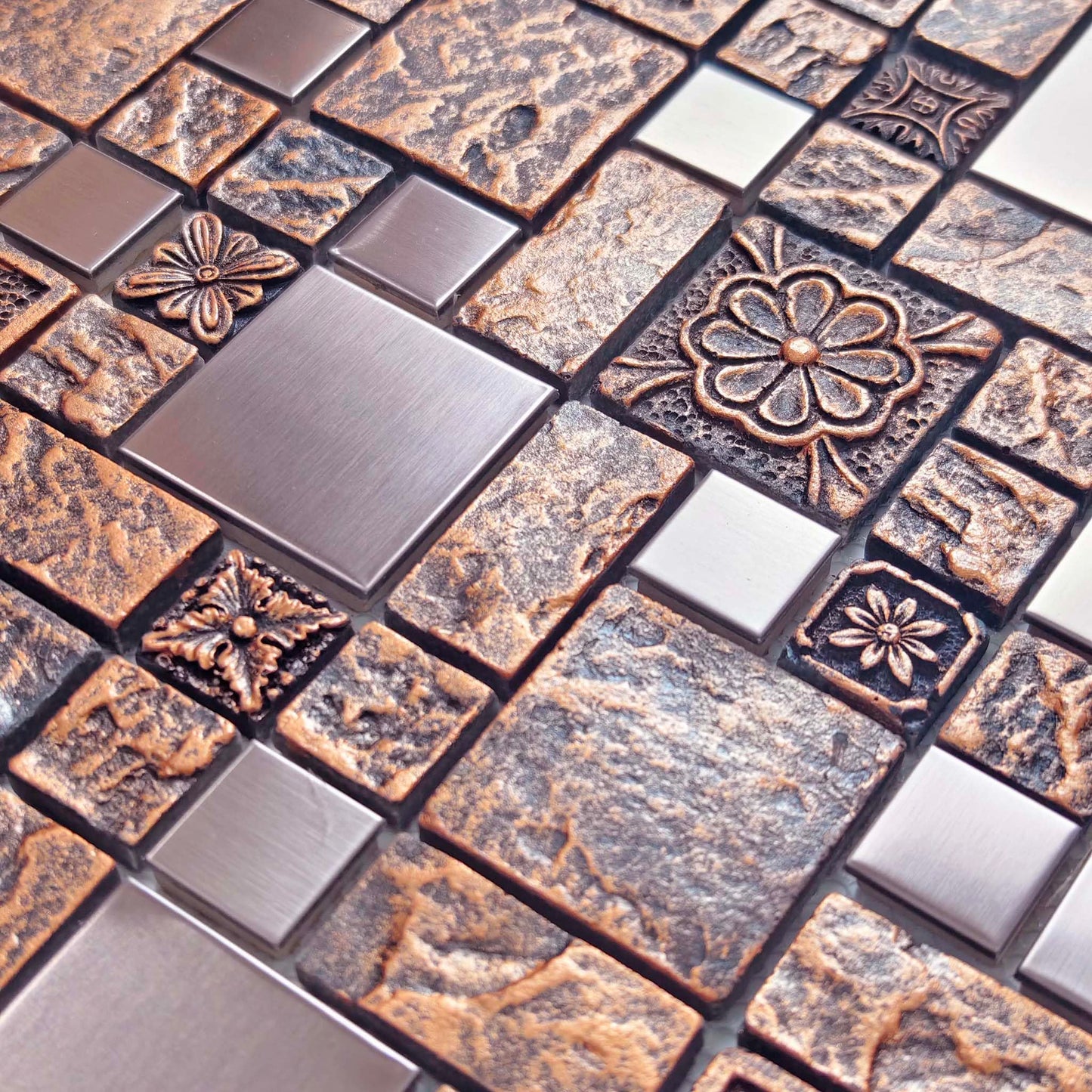 Hominter Bronze & Brushed Metal Mosaic Tile Copper Textured Resin Decorative Wall Backsplash for Kitchen Backsplash, Bathroom Wall, Fireplace Surrounds (5 Square Feet)