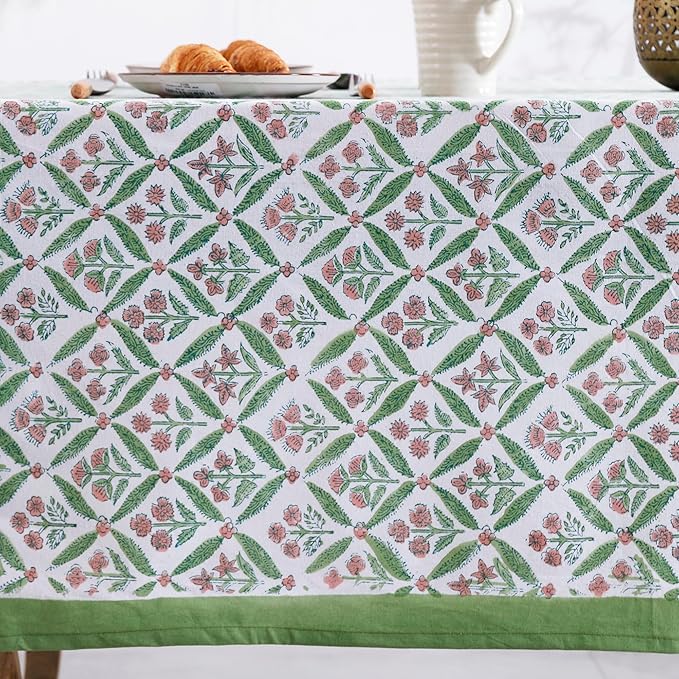 Labhanshi Indian Handblock Print Floral Cotton Rectangle 72x135 Inch 10-Seater Dining Tablecloth|Washable Spring Easter St. Patrick Picnic Outdoor Camping Festive Holiday Table Cover|Green Pink