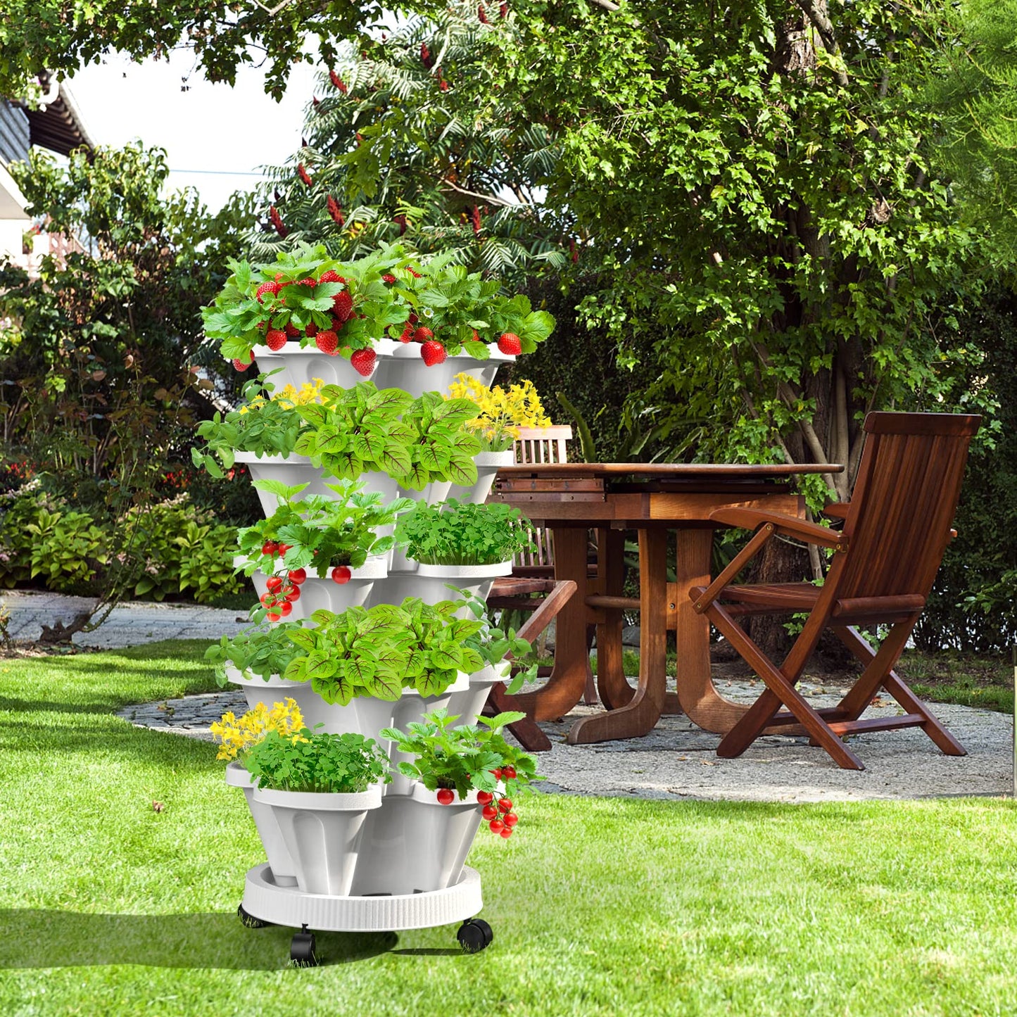 Tectsia Strawberry Vertical Planter 2 Pack, 7 Tiered Stacking Garden Tower, Stackable Herb Vegetable Planters with Support Pole Indoor Outdoor Black